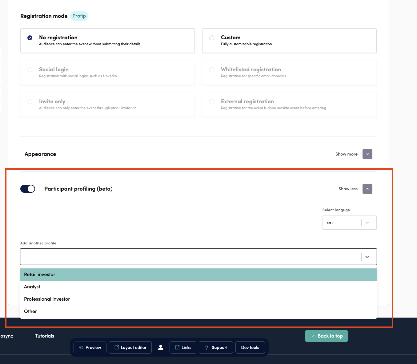 Participant profiling settings under Build → Registration